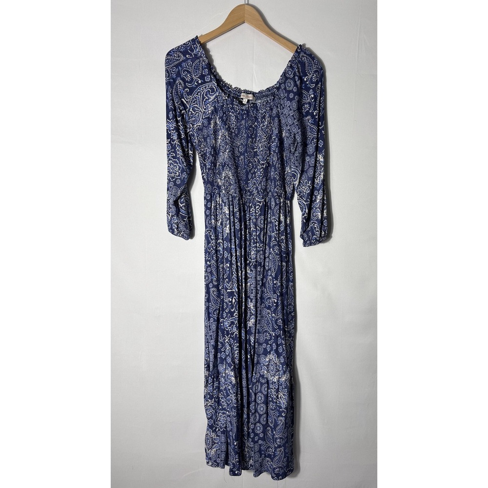 Casa Cabana Dress Womens Small Blue Paisley Smocked Maxi 3/4 Sleeve Boho